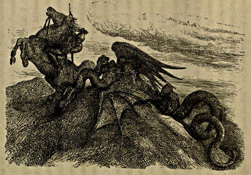 Engraving of a knight on a rearing horse driving his lance into a great winged dragon, whose coiling tail wraps round a rounded hilltop